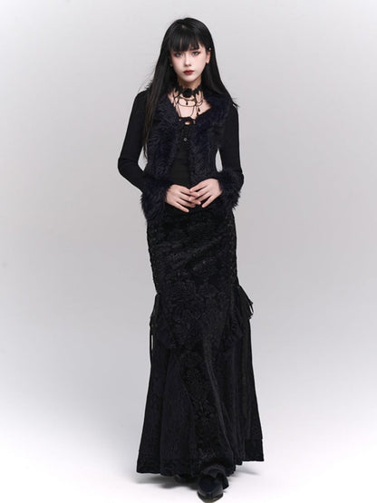 Black Velvet Mermaid Skirt with Lace-up Detail at Side