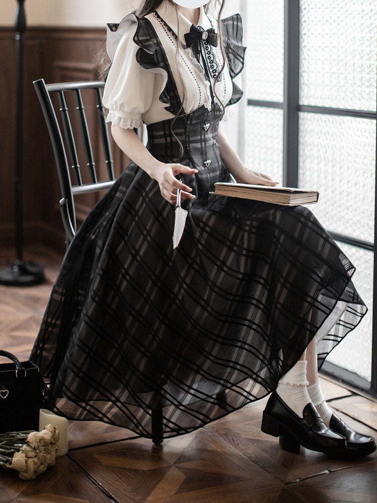 Basque with Jirai Overall Dress in Kei Black Plaid Long Waist Inverted Flutter Sleeves Version