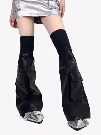 Black Cargo Pocket Punk Leg Warmers