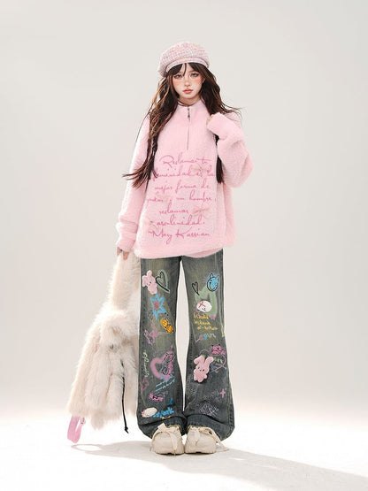 Wide-Leg Jeans with Colorful Graffiti and Detachable Pink Bunny Plushie Blue