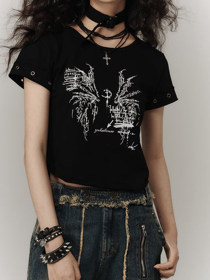 Black Wings Print Cotton Cropped T-shirt