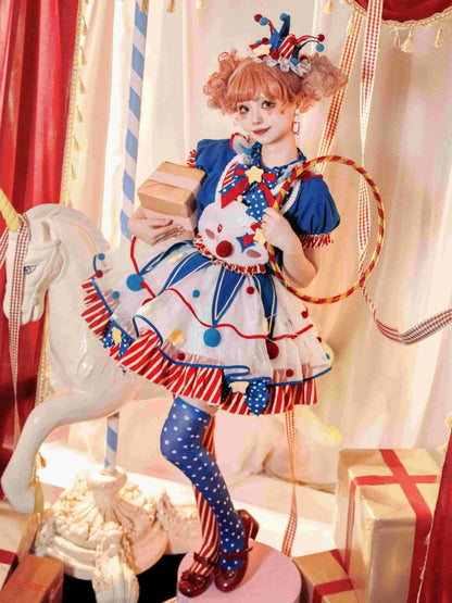 Clown Dark Bunny Dress Blue Clowncore Overalls Fleece Lolita Pastel Sweet Circus Red and Bodice