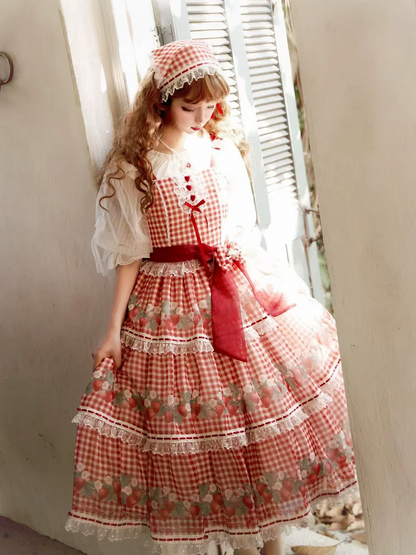 Robe vichy pique-nique Lolita rouge à imprimé fraises et jupe pull Sweet Lolita