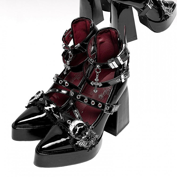 Gothic Polished Black Cross Heart Buckle Straps Stud Platform High Block Heels