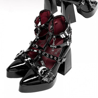 Gothic Polished Black Cross Heart Buckle Straps Stud Platform High Block Heels