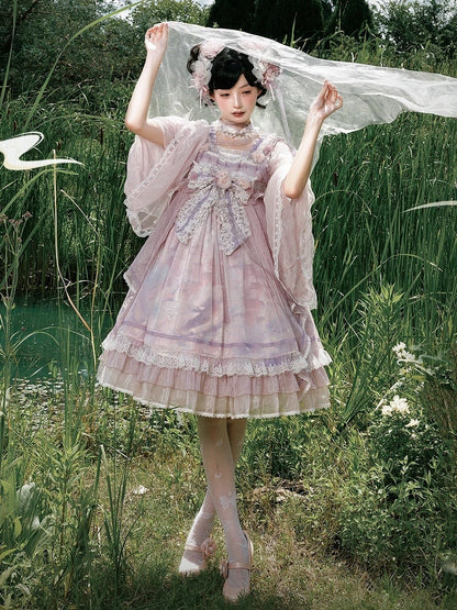 Han Bow Lolita Piece Long Pink-Purple Semi-sheer Print Sleeves Big Dress Whale Wide One