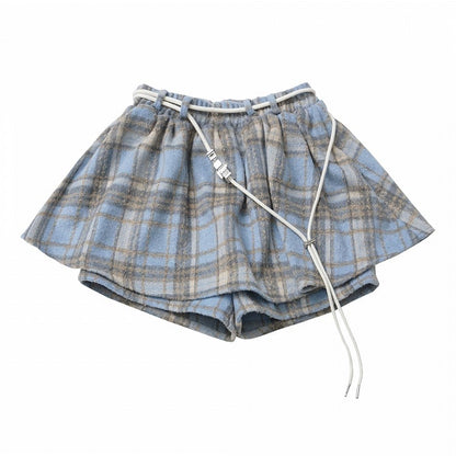 Blue Plaid Pattern Self-tie Strap Skort