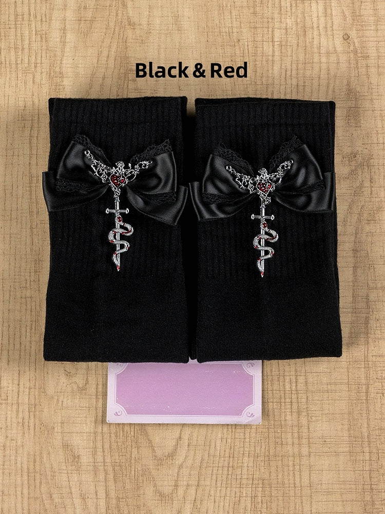 Jirai Kei Black&Red Metal SnakeEmbellished Bowknot Details Overknee Stockings