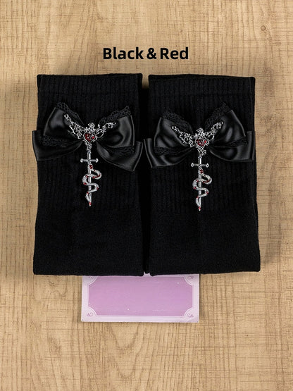 Jirai Kei Black&Red Metal SnakeEmbellished Bowknot Details Overknee Stockings