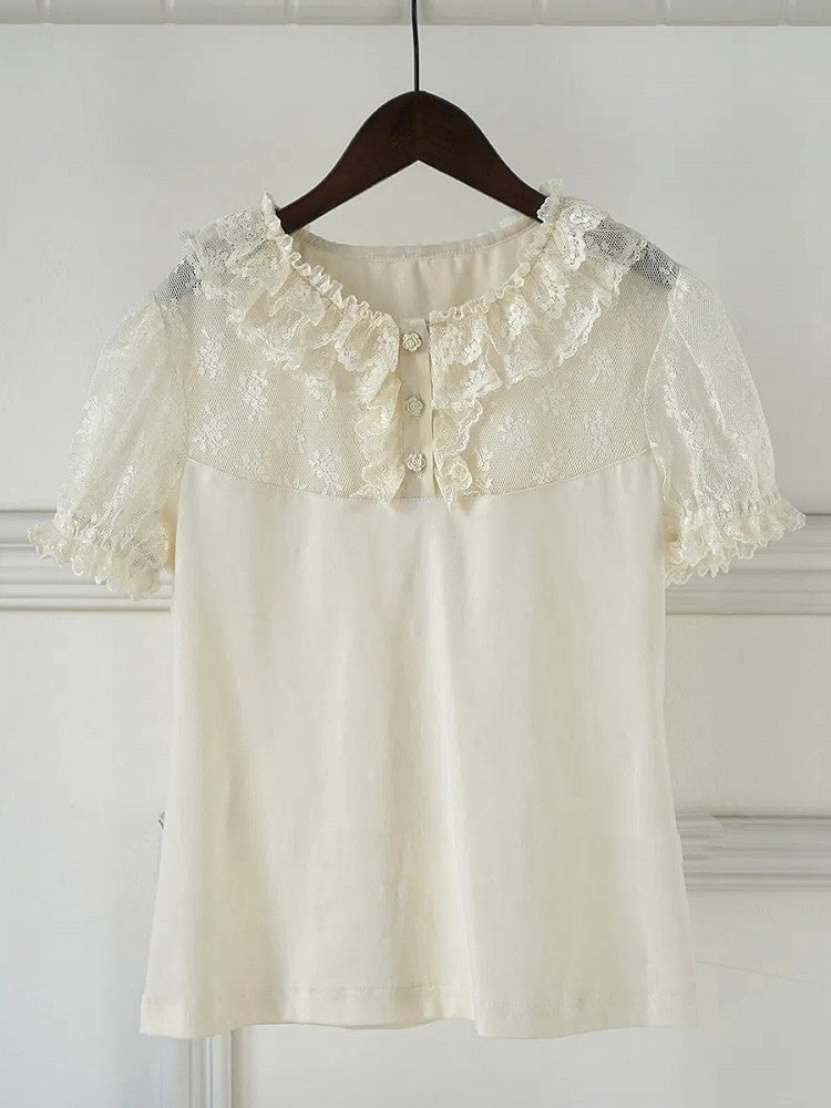 チュールロリータダブルショートレイヤースリーブカラーブラウスアプリコット