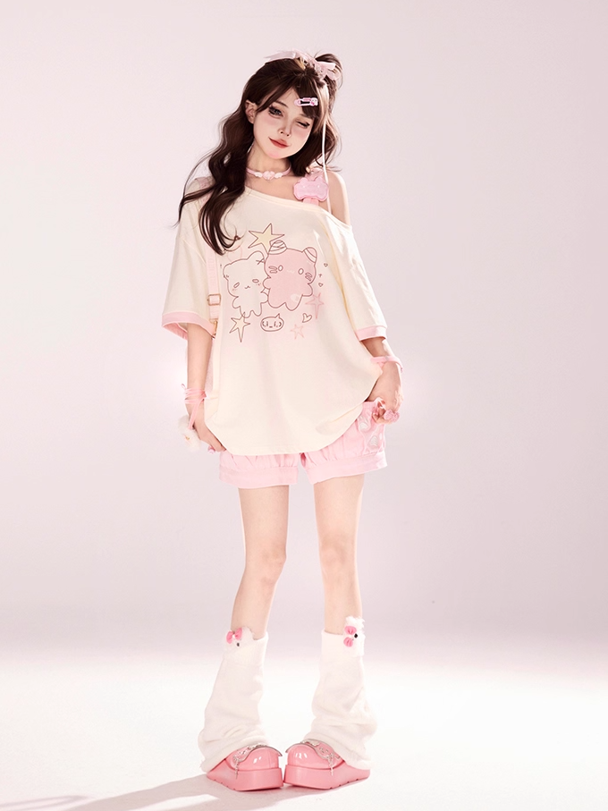 Asymmetrical Neckline T-shirt Cartoon Kitty Print Pink/Blue/Black