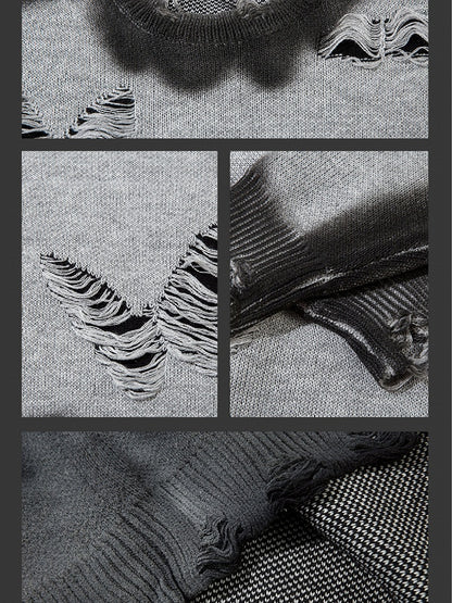 Y2K Black/Grey Butterfly Shaped Distressed Holes Round Neck Sweater