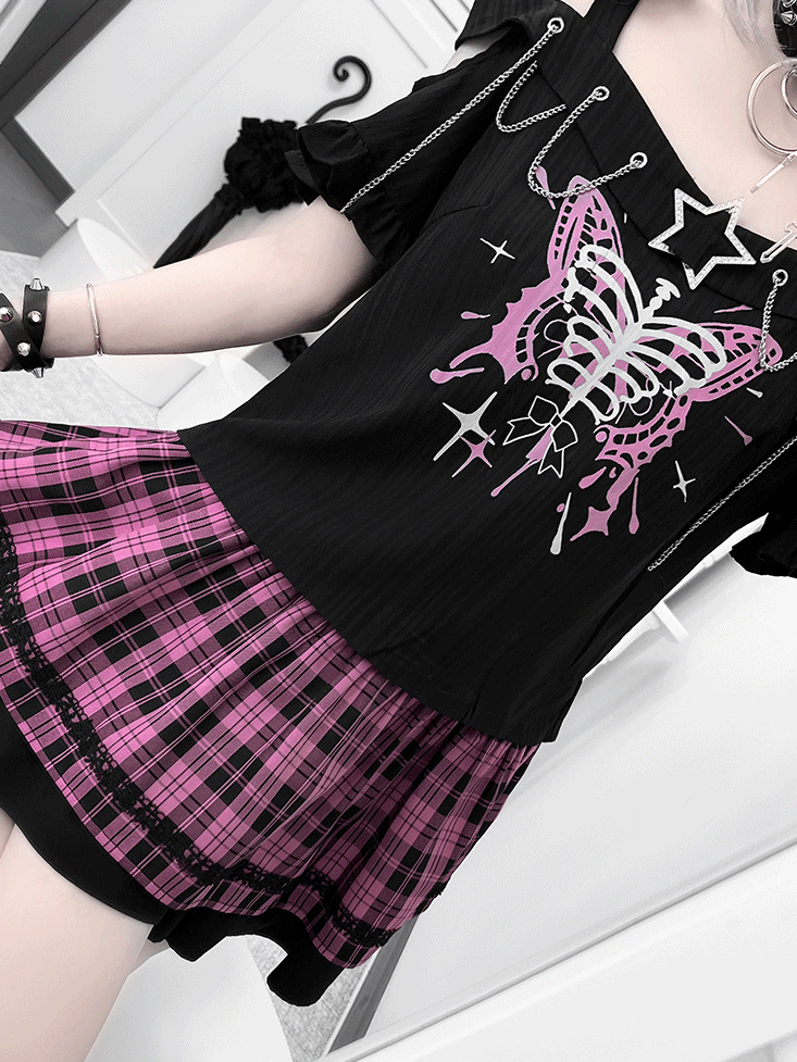 Embellished Neckline Butterfly Print T-shirt with Pink Plaid Y2K Chains Skirt Set Black