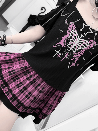 Black Embellished Neckline Butterfly Y2K Chains Print