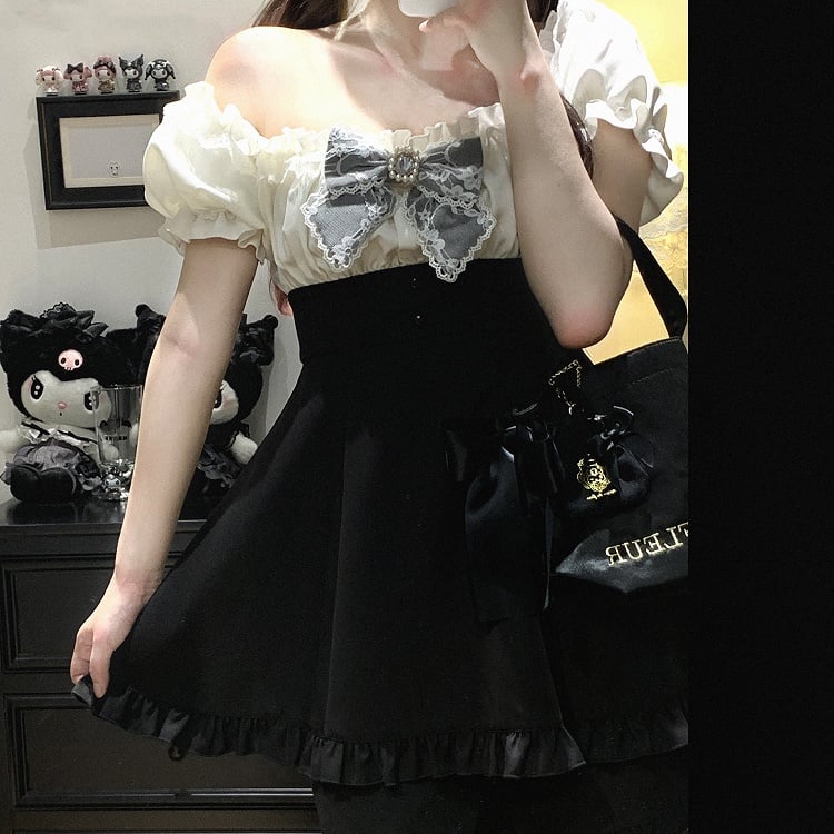 Set aus Minikleid und Shorts mit schulterfreiem Ausschnitt, Jirai Kei, Schwarz/Pink/Blau