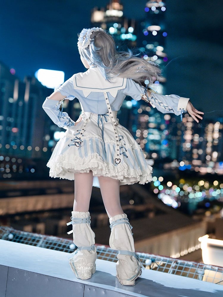 Kitty Light Bow Kaiwai Set Blue JSK Dress Cropped Tenshi Lolita Sailor Striped Big Top Pattern Ears + - Collar