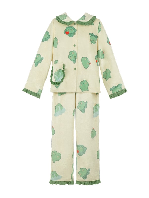 Frog Print Green Flannel Pajama Top Pants Set