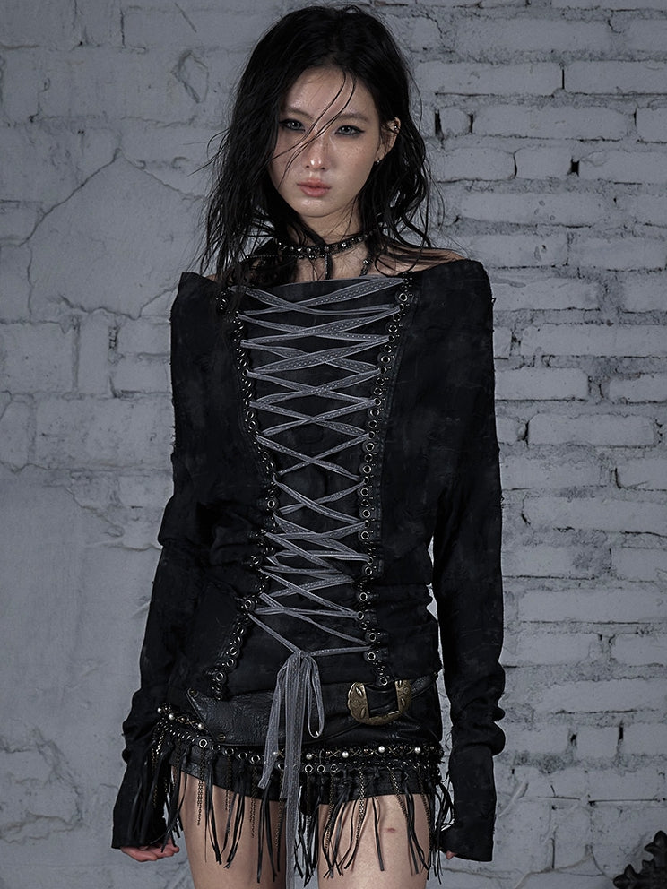 Lace-up Wasteland Black Top Off-the-shoulder Punk Design Neckline