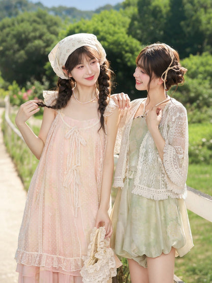 Sleeves Neck Tiered Slip Skirt Polka-dot Dress+Flutter Overdress Yume Kawaii Pink Set-	Halter Two-pieces