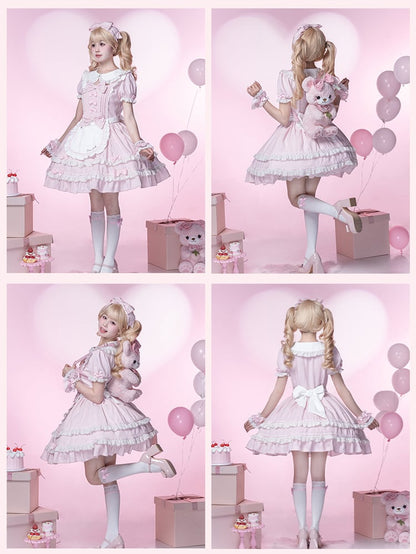 Lolita Dress Piece Accents School Pink Peter Pan Collar Bowknot Light Old One