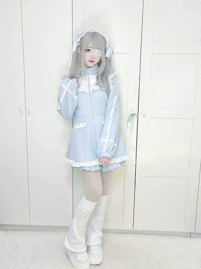 Light Blue Crisscross Lace Trim Jirai Kei Hairband