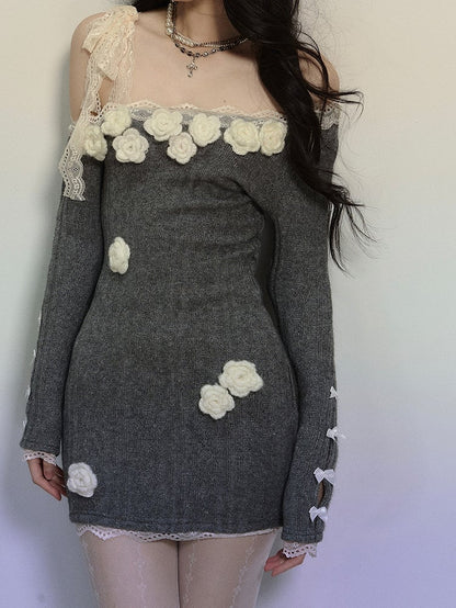 Grey Crochet Flowers Adorned Asymmetrical Mini Dress Lace Trim