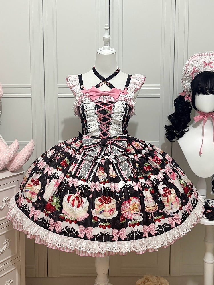 Print Skirt Black Bows Strawberry Jumper Dessert Sweet Lolita and