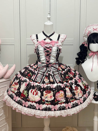 Print Skirt Black Bows Strawberry Jumper Dessert Sweet Lolita and