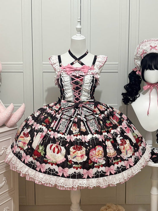 Print Skirt Black Bows Strawberry Jumper Dessert Sweet Lolita and
