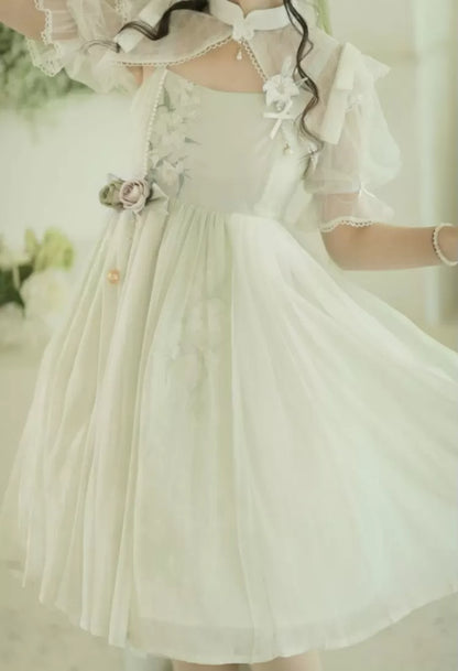 Green Floral Embroidery Dress + White Banded Collar Top