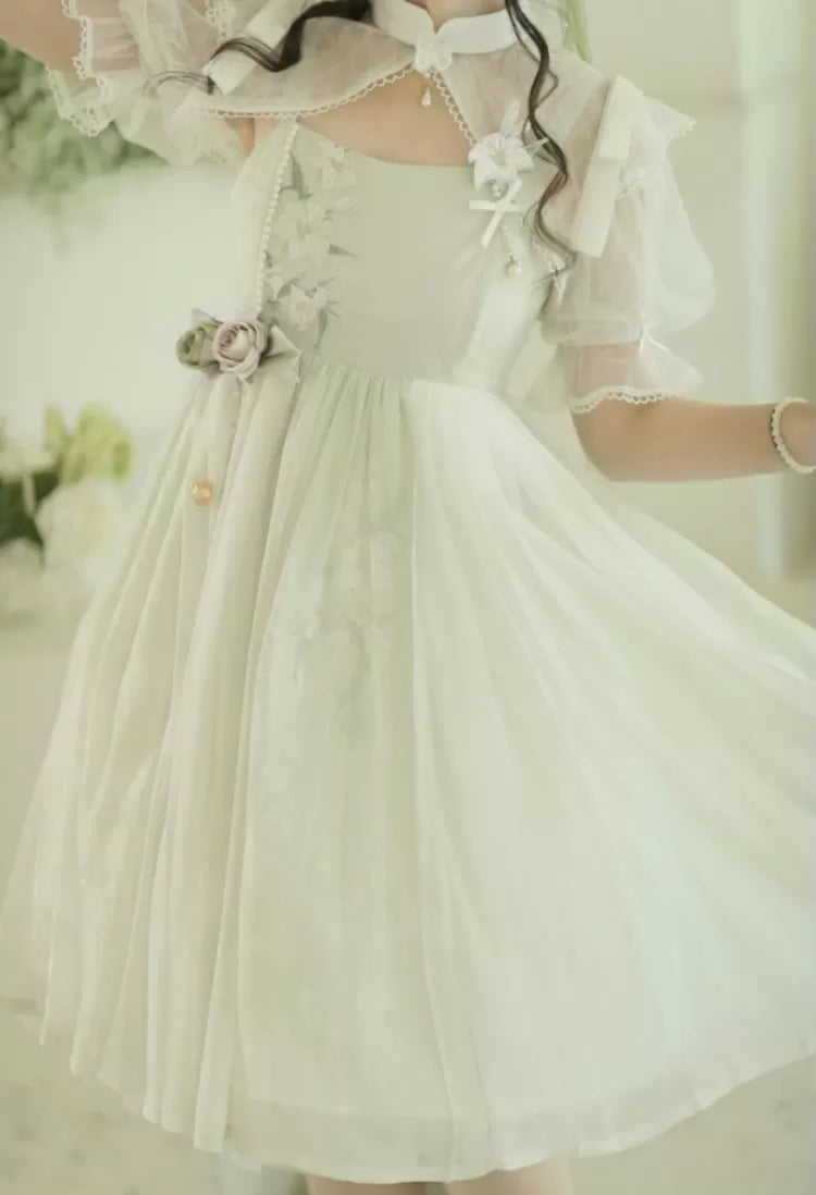 Banded Green Floral Embroidery Top Dress White Collar +
