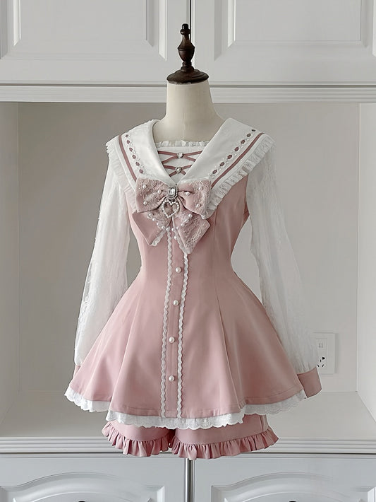 Dress Collar Matching and Sleeves Shorts Sailor Kei Long Navycore Jirai Pink Outfit -