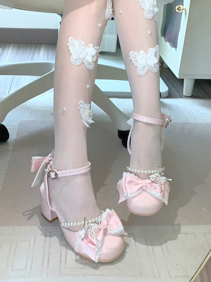bei Blockschuhen Pink Top Lolita Schleife Heels Verziert Jane Butteffly Silber Süß 6CM Mary