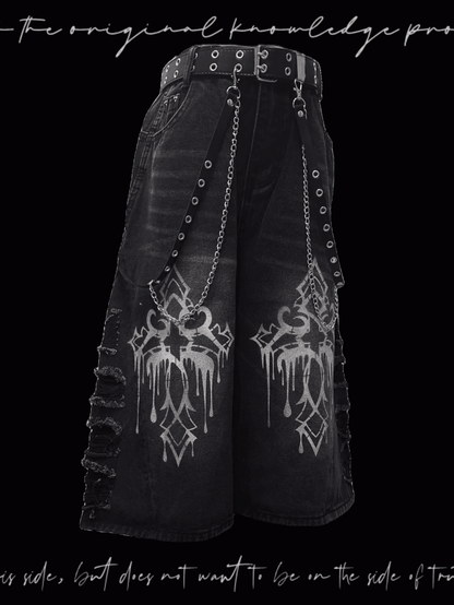 Wide-Leg Jeans Hem Raw Dark Gray Cross Print Distressed Holes