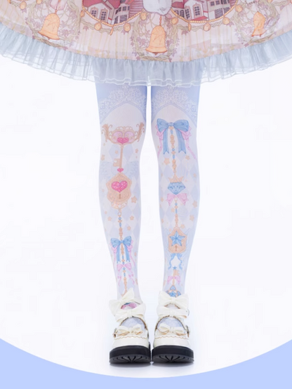Bas Lolita au-dessus du genou Yume Kawaii à motif de diamants bleus et imprimé nœud