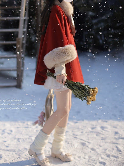 Red Wool Cape Coat with Shaggy Collar and Cuffs