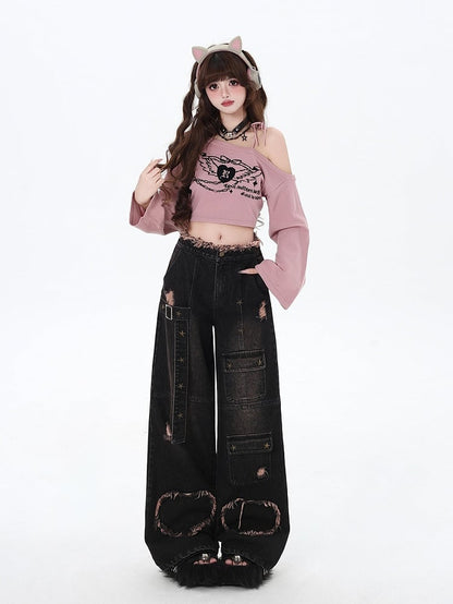 Black Distressed Holes Y2K Wide-leg Cut Jeans