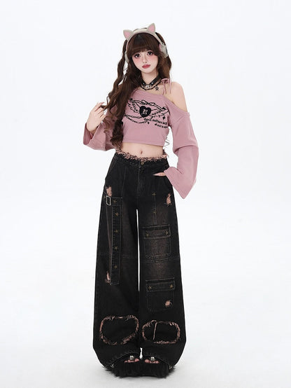 Holes Wide-leg Black Cut Distressed Y2K Jeans
