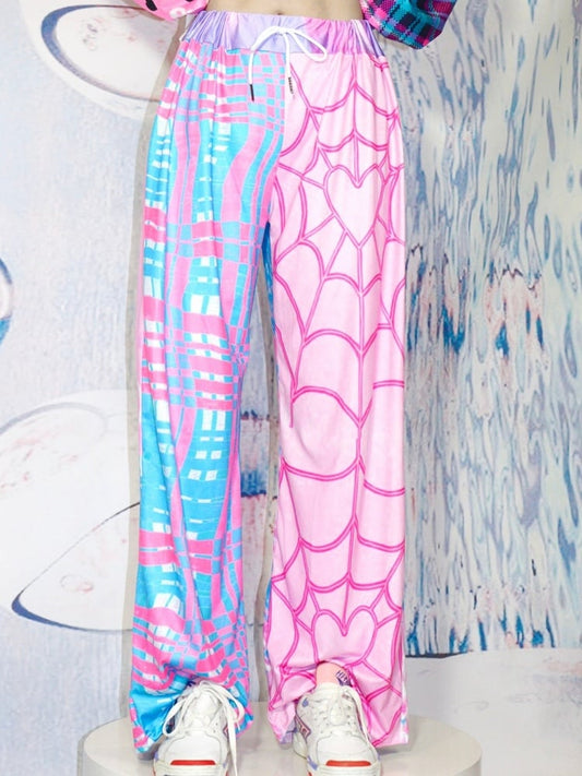 And Y2K Flare BluePink Plaid Pattern Web Silhouette Pants Spider