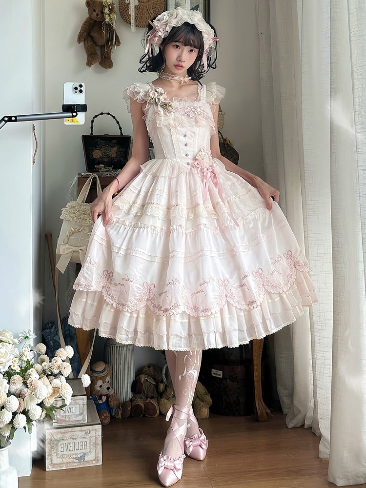 Waist Embrodery Basque Jumper Pink Princess Sakura Skirt Blossom Cherry Lolita