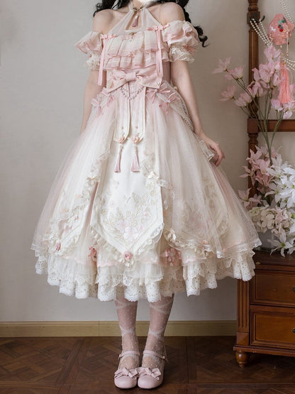 Ombre Pink Peach Blossom Halter Neck Han Lolita Dress