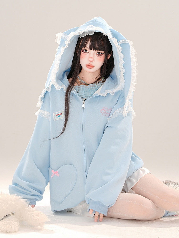 Blue/Apricot Bunny Ears Lace Trim Zip Hoodie