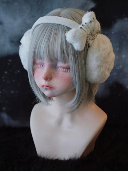 White Handmade Crossand Pins Plush Bone Earmuffs