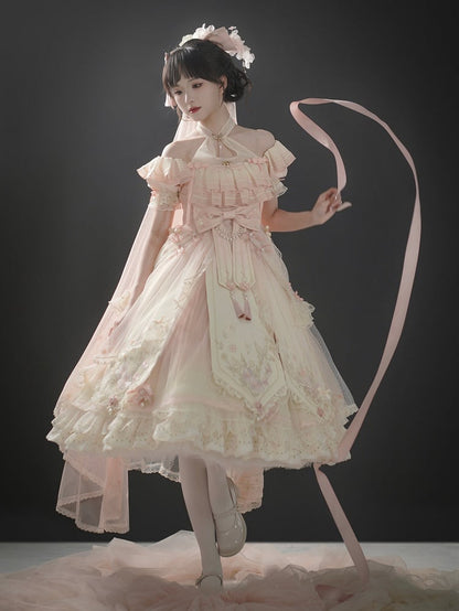 Ombre Pink Peach Blossom Halter Neck Han Lolita Dress Full Set