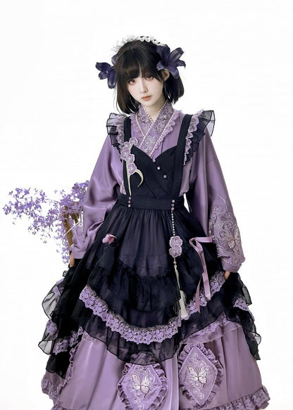 Delicate Butterfly Apron Lolita Dress Black Set Purple Han and Embroidery Full Floral +