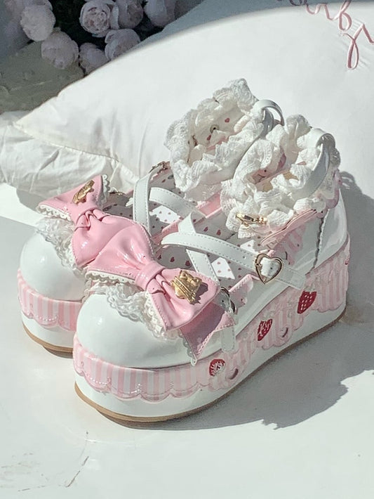 Sweet White Platform Janes Strawberry - Lolita Mary PU Details