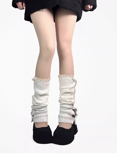 Lace Trim Buttons Knitted Leg Warmers