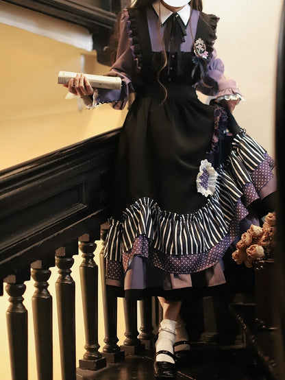 Dress Bittersweet Lolita Apron in Black Stripes and Purple Polka Dot