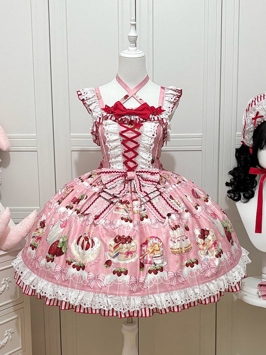 Bows Sweet Skirt and Dessert Lolita Jumper Print Strawberry Pink
