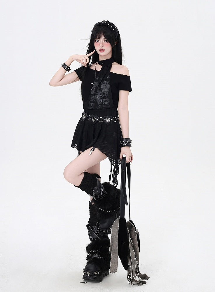 and All-in-one Hem Mini Punk Dress Choker Glamorous Black Asymmetrical Neckline and